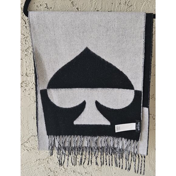 Kate Spade New York Black Cream Wool Cashmere Spade Logo Scarf Oversized